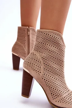 Online Ażurowe Zamszowe Botki Na Słupku Beżowe Logan Damskie Botki Wiosenne|Botki Na Słupku