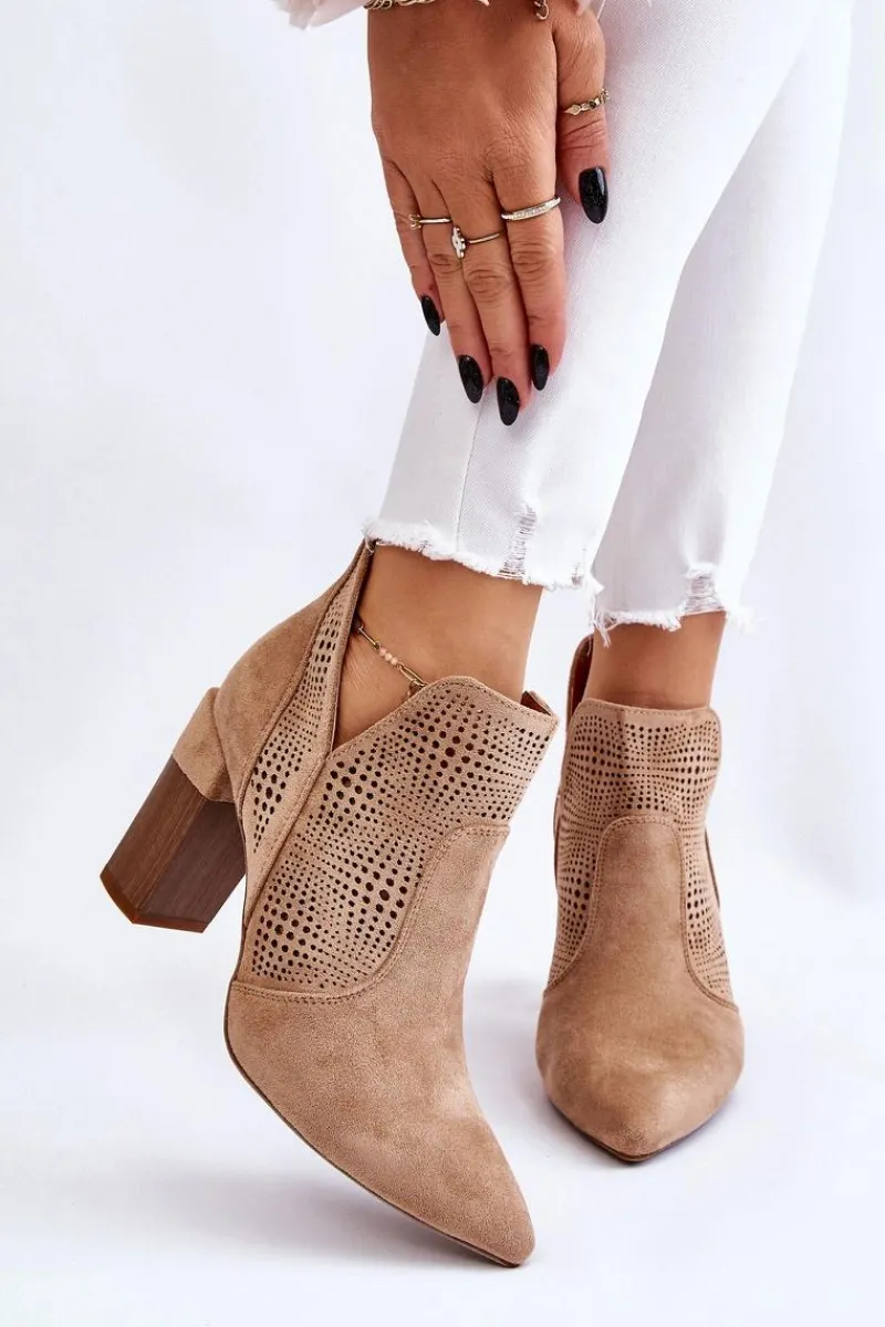 Botki Wiosenne|Botki Na Słupku>Boto Ażurowe Zamszowe Botki Na Obcasie Beżowe Leanna