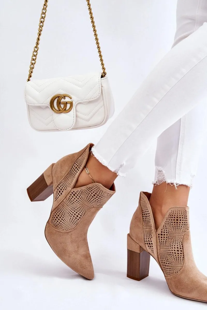 Botki Wiosenne|Botki Na Słupku>Boto Ażurowe Zamszowe Botki Na Obcasie Beżowe Leanna