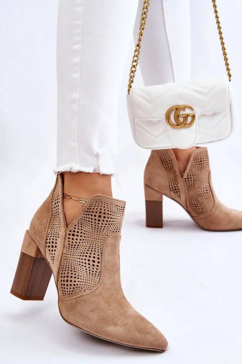 Botki Wiosenne|Botki Na Słupku>Boto Ażurowe Zamszowe Botki Na Obcasie Beżowe Leanna