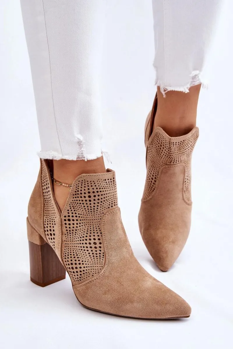 Botki Wiosenne|Botki Na Słupku>Boto Ażurowe Zamszowe Botki Na Obcasie Beżowe Leanna