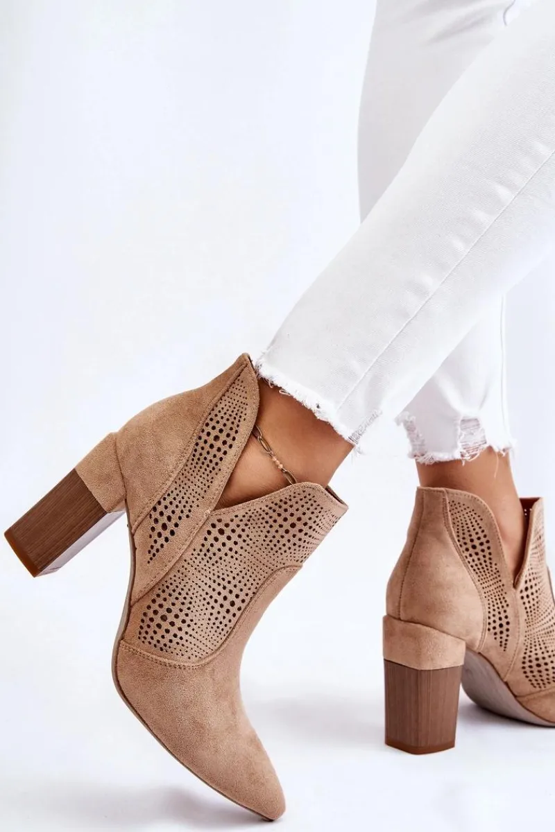 Botki Wiosenne|Botki Na Słupku>Boto Ażurowe Zamszowe Botki Na Obcasie Beżowe Leanna