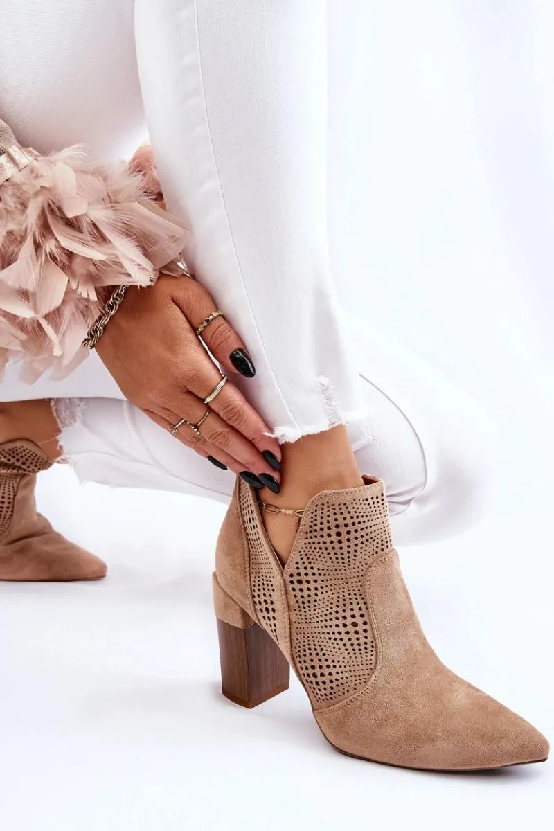 Botki Wiosenne|Botki Na Słupku>Boto Ażurowe Zamszowe Botki Na Obcasie Beżowe Leanna