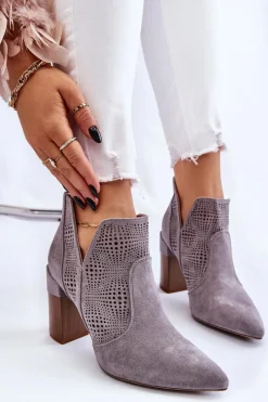 Boto Ażurowe Zamszowe Botki Na Obcasie Szare Leanna