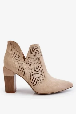 Botki Wiosenne|Botki Na Słupku>Boto Ażurowe Zamszowe Botki Na Obcasie Jasnobeżowe Leanna