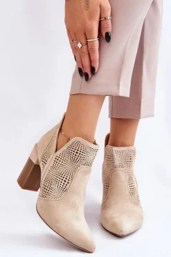 Botki Wiosenne|Botki Na Słupku>Boto Ażurowe Zamszowe Botki Na Obcasie Jasnobeżowe Leanna