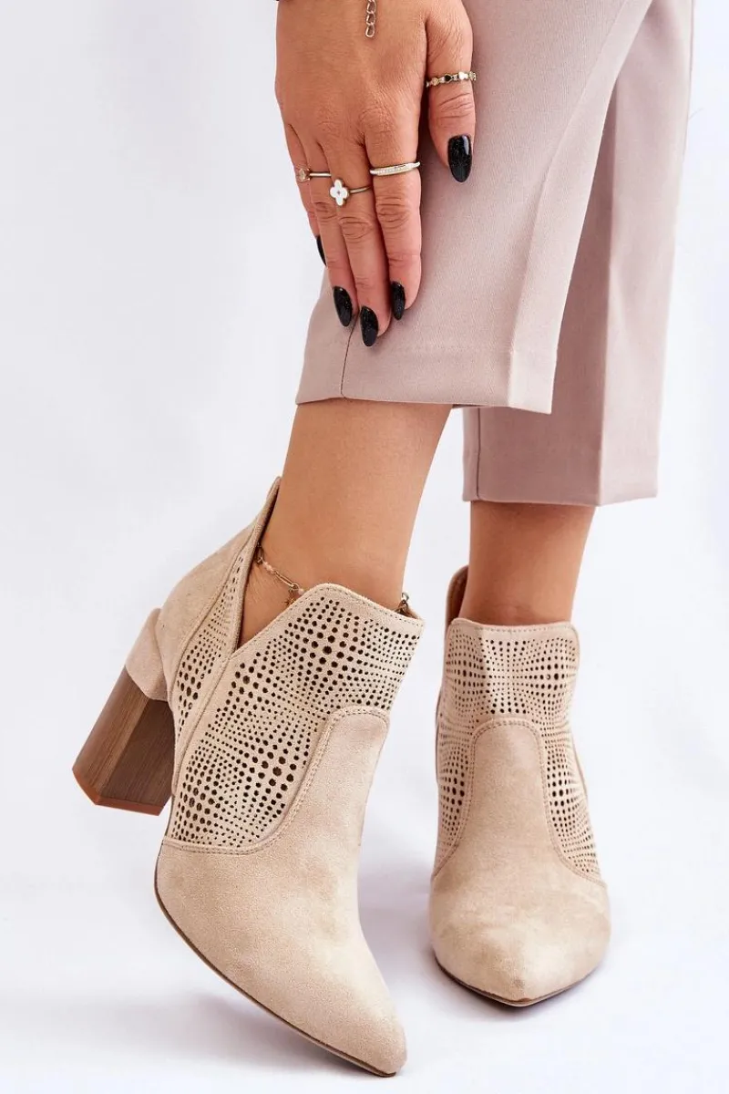 Botki Wiosenne|Botki Na Słupku>Boto Ażurowe Zamszowe Botki Na Obcasie Jasnobeżowe Leanna