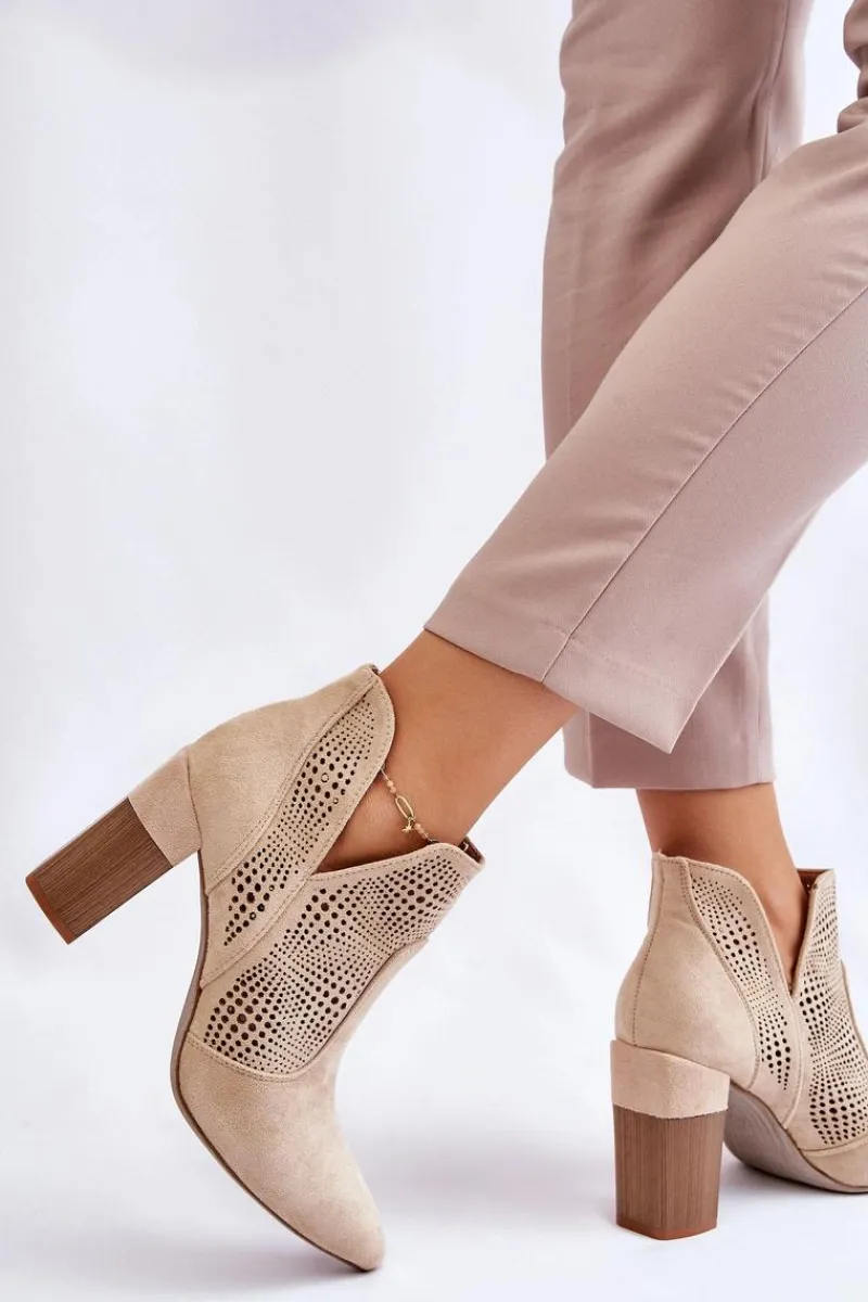 Botki Wiosenne|Botki Na Słupku>Boto Ażurowe Zamszowe Botki Na Obcasie Jasnobeżowe Leanna