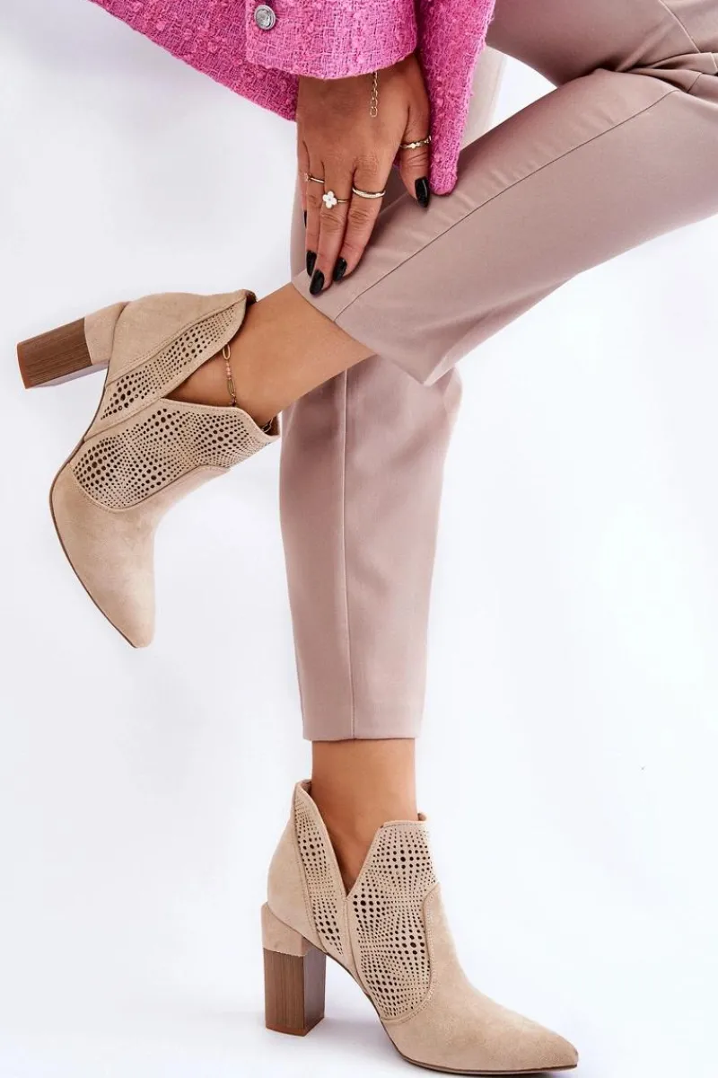 Botki Wiosenne|Botki Na Słupku>Boto Ażurowe Zamszowe Botki Na Obcasie Jasnobeżowe Leanna