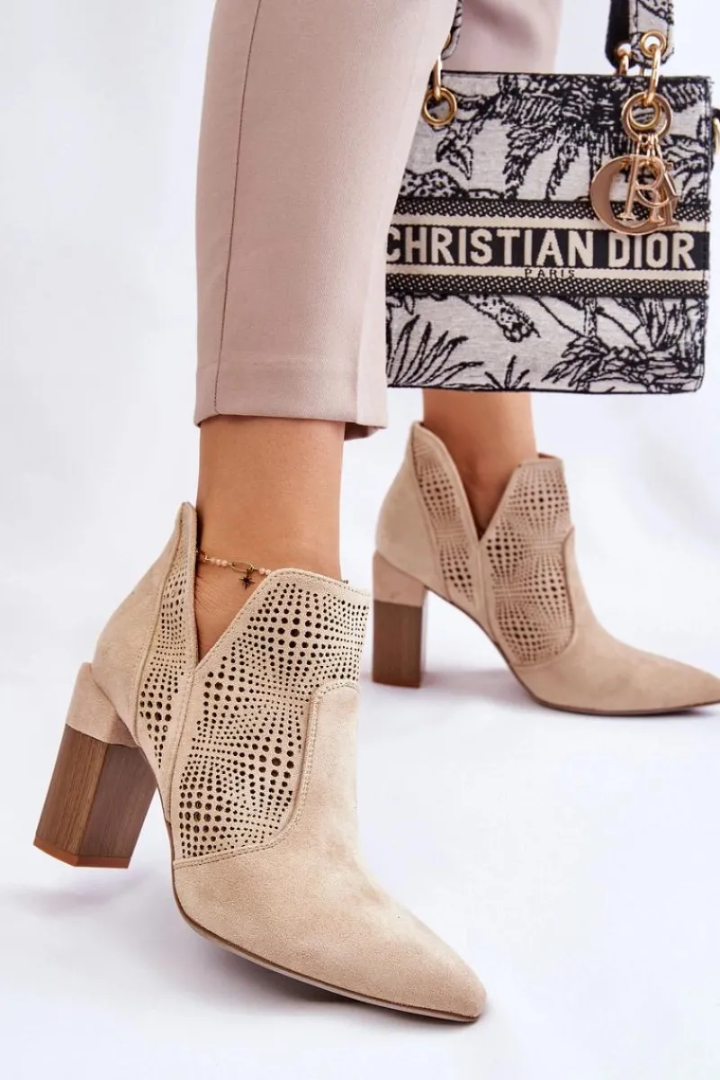 Botki Wiosenne|Botki Na Słupku>Boto Ażurowe Zamszowe Botki Na Obcasie Jasnobeżowe Leanna