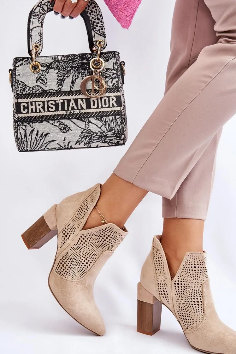 Botki Wiosenne|Botki Na Słupku>Boto Ażurowe Zamszowe Botki Na Obcasie Jasnobeżowe Leanna