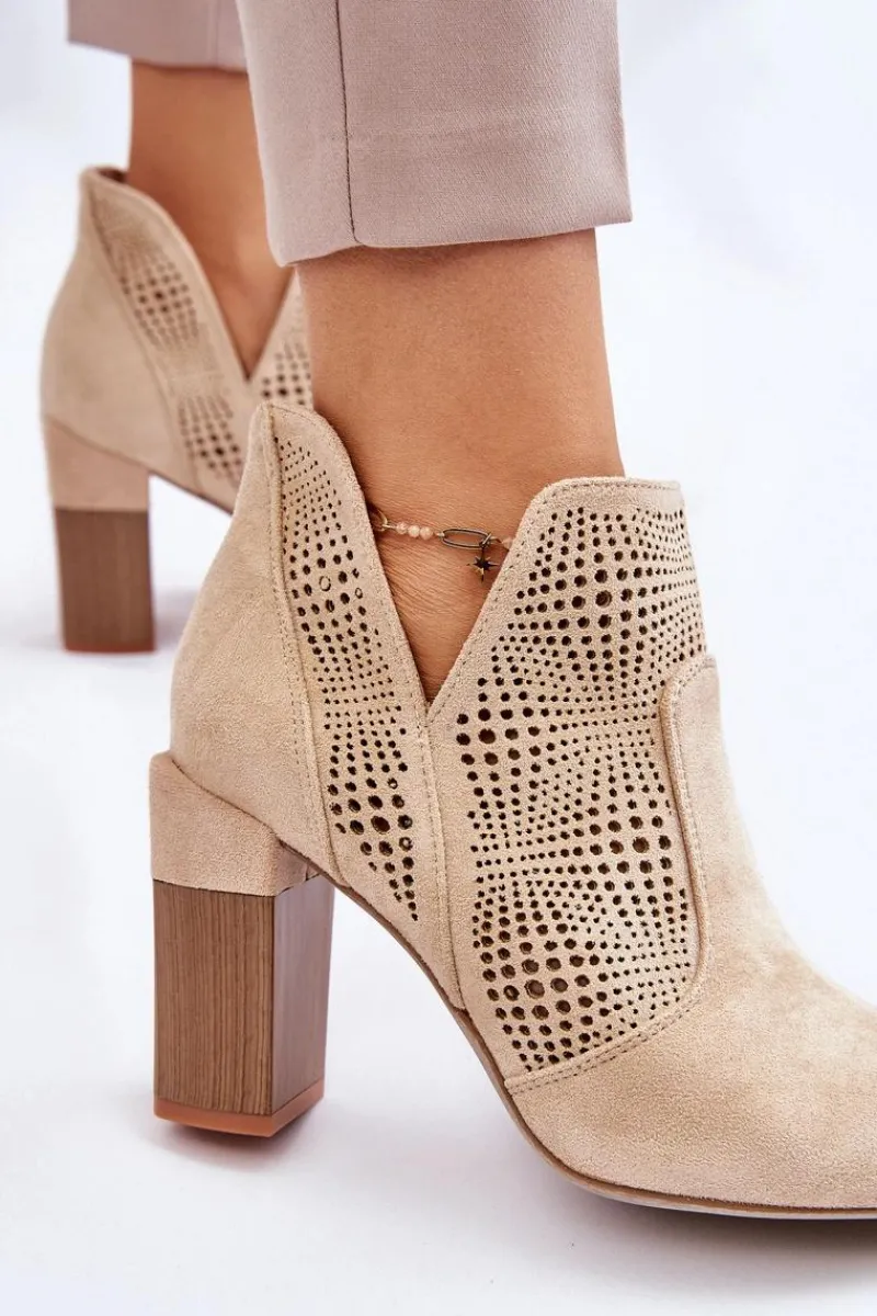 Botki Wiosenne|Botki Na Słupku>Boto Ażurowe Zamszowe Botki Na Obcasie Jasnobeżowe Leanna
