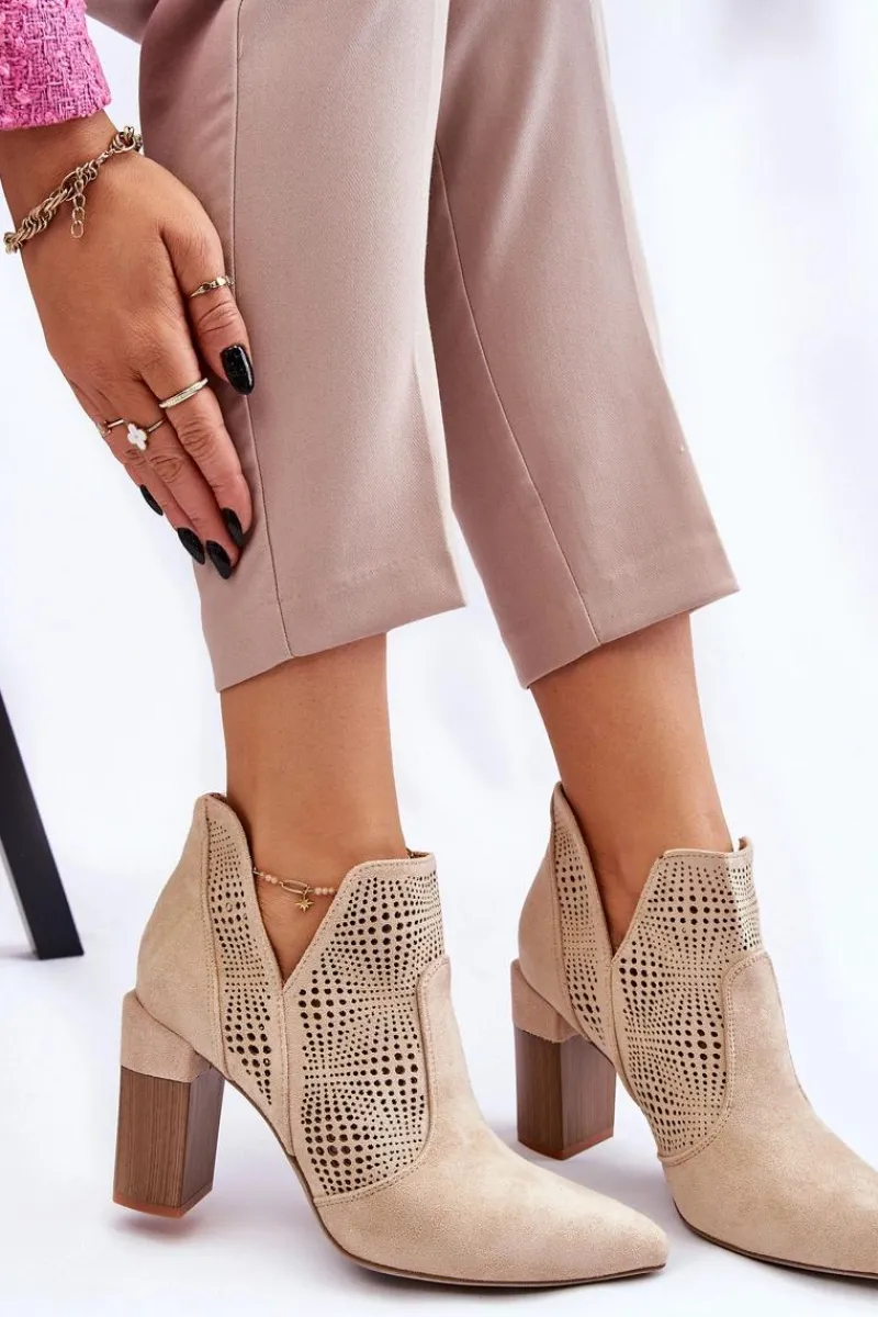 Botki Wiosenne|Botki Na Słupku>Boto Ażurowe Zamszowe Botki Na Obcasie Jasnobeżowe Leanna