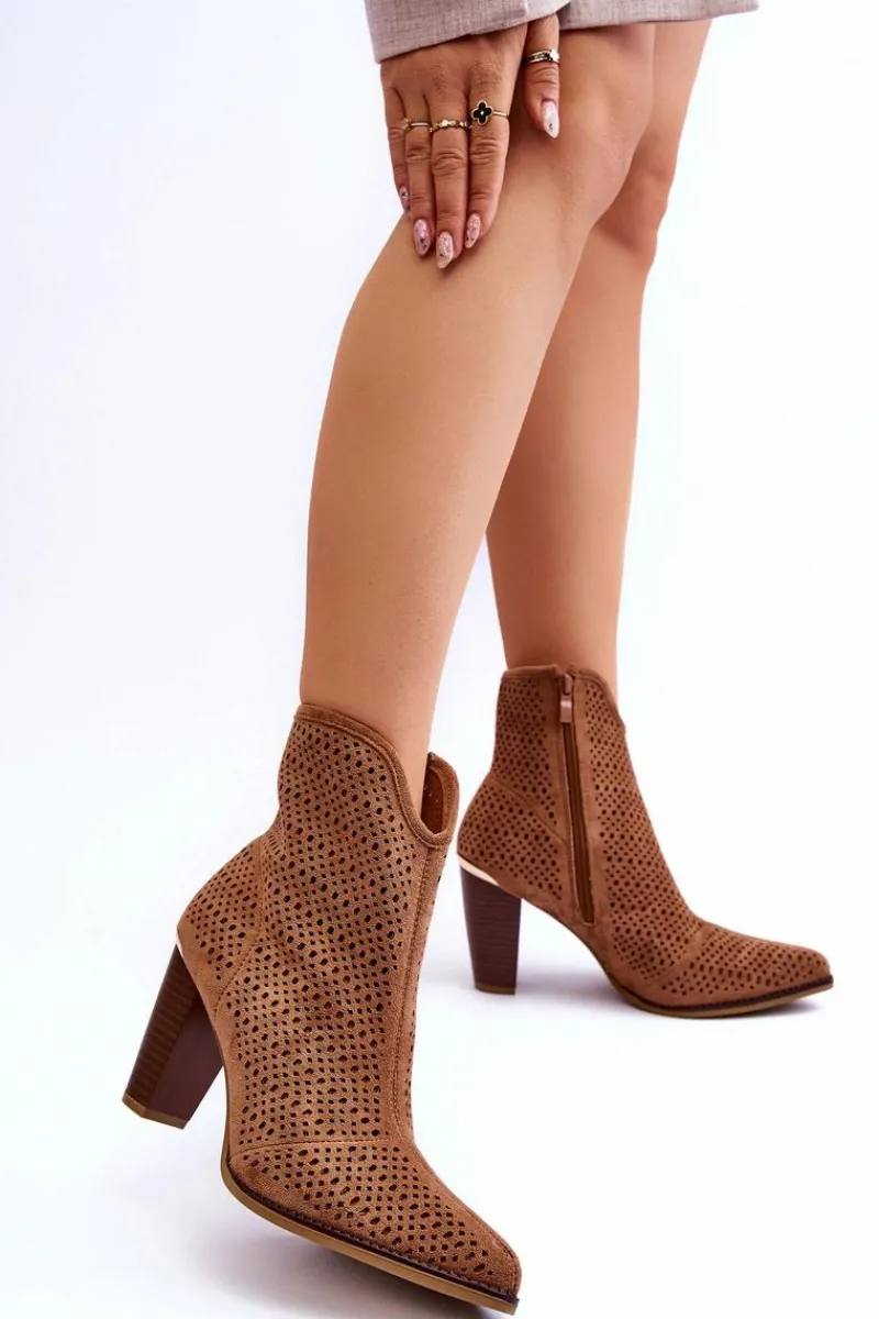 Botki Wiosenne|Botki Na Słupku>Boto Ażurowe Zamszowe Botki Na Słupku Brązowe Logan