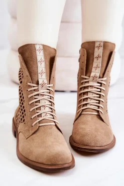 Sale Ażurowe Zamszowe Botki Wiązane Nicole Camel 2696 Damskie Botki Wiosenne|Botki Sznurowane