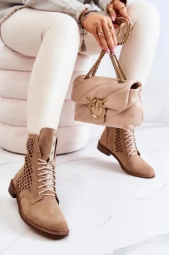 Sale Ażurowe Zamszowe Botki Wiązane Nicole Camel 2696 Damskie Botki Wiosenne|Botki Sznurowane