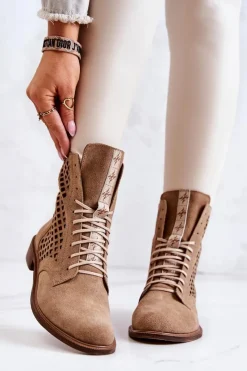 Sale Ażurowe Zamszowe Botki Wiązane Nicole Camel 2696 Damskie Botki Wiosenne|Botki Sznurowane