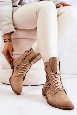 Sale Ażurowe Zamszowe Botki Wiązane Nicole Camel 2696 Damskie Botki Wiosenne|Botki Sznurowane