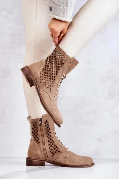 Boto Ażurowe Zamszowe Botki Wiązane Nicole Beżowe 2696