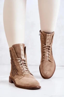 Boto Ażurowe Zamszowe Botki Wiązane Nicole Beżowe 2696