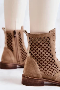 Boto Ażurowe Zamszowe Botki Wiązane Nicole Beżowe 2696