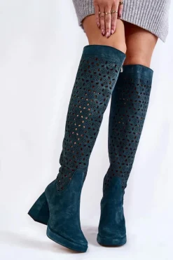Best Ażurowe Zamszowe Kozaki Na Obcasie Zielone Castres Damskie Kozaki Wiosenne|Kozaki Ażurowe