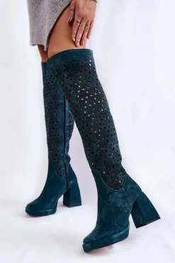Best Ażurowe Zamszowe Kozaki Na Obcasie Zielone Castres Damskie Kozaki Wiosenne|Kozaki Ażurowe