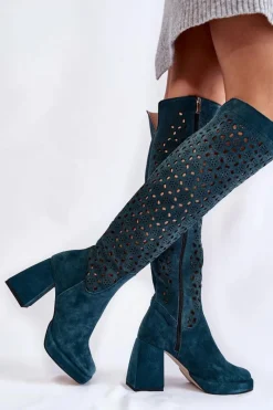 Best Ażurowe Zamszowe Kozaki Na Obcasie Zielone Castres Damskie Kozaki Wiosenne|Kozaki Ażurowe