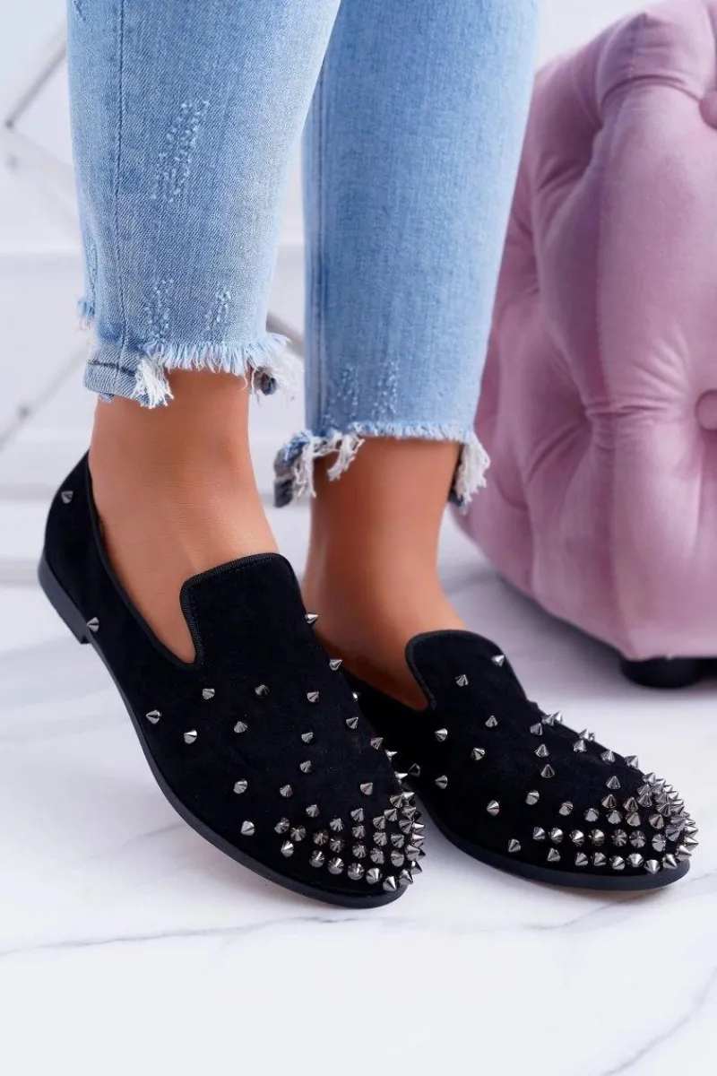 New Boto Balerinki Damskie Lu Boo Czarne Zamszowe Lordsy z Ćwiekami Odessa