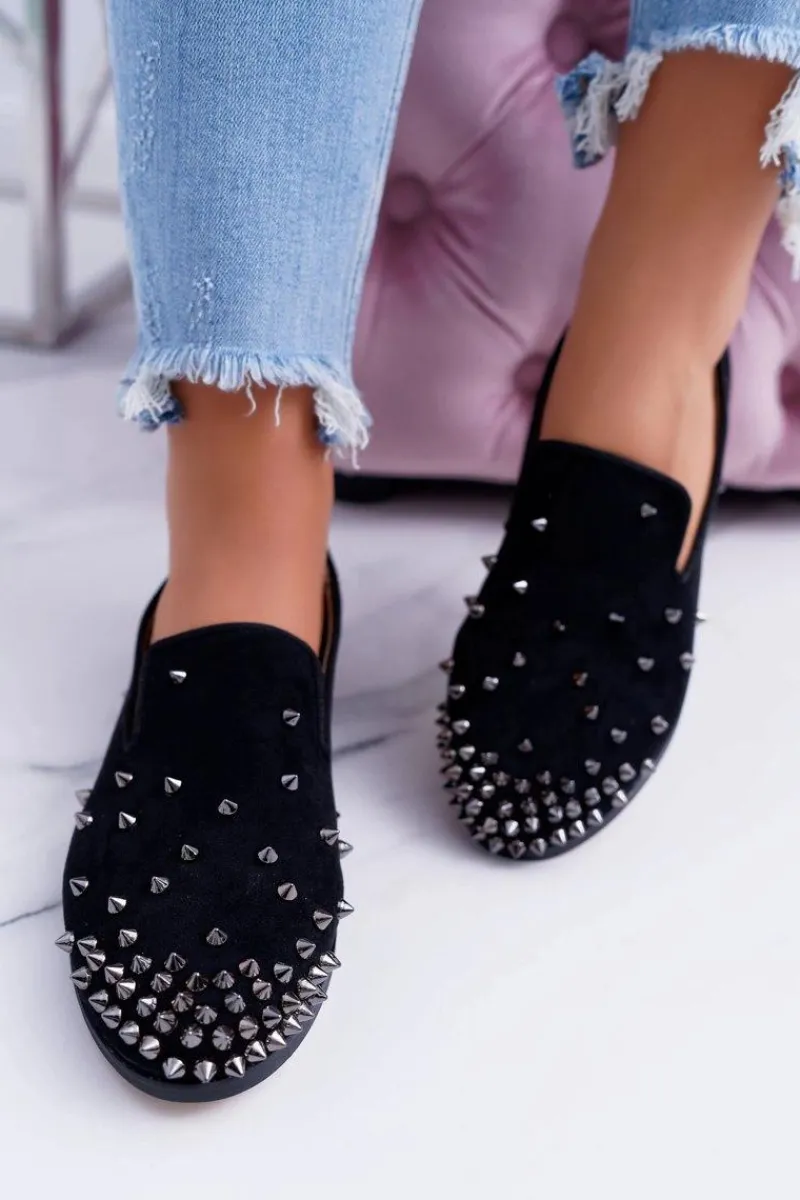 New Boto Balerinki Damskie Lu Boo Czarne Zamszowe Lordsy z Ćwiekami Odessa