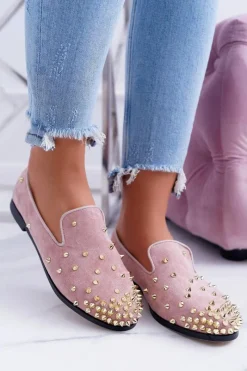 Online Balerinki Damskie Lu Boo Różowe Zamszowe Lordsy z Ćwiekami Odessa Damskie Baleriny Klasyczne