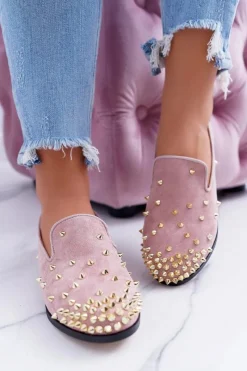 Online Balerinki Damskie Lu Boo Różowe Zamszowe Lordsy z Ćwiekami Odessa Damskie Baleriny Klasyczne