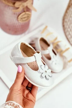 Boto Balerinki Dziecięce na Rzepy Kwiatuszek Srebrne Antrela