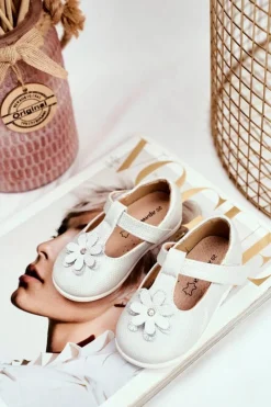 Boto Balerinki Dziecięce na Rzepy Kwiatuszek Srebrne Antrela