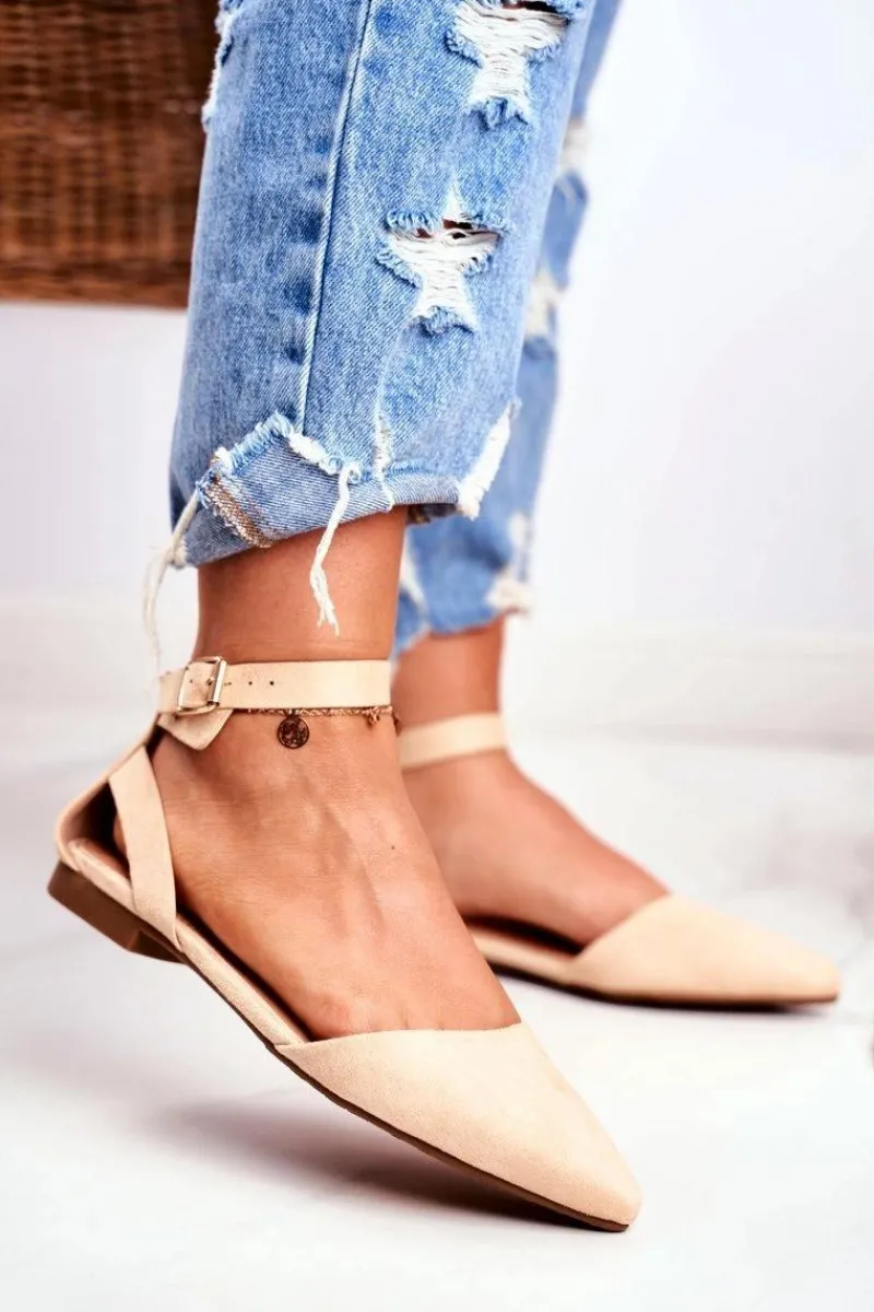 Boto Baleriny Damskie Beżowe Na Pasek W Szpic Allison