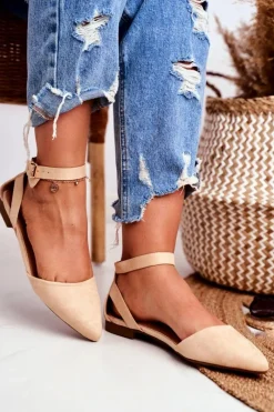 Boto Baleriny Damskie Beżowe Na Pasek W Szpic Allison