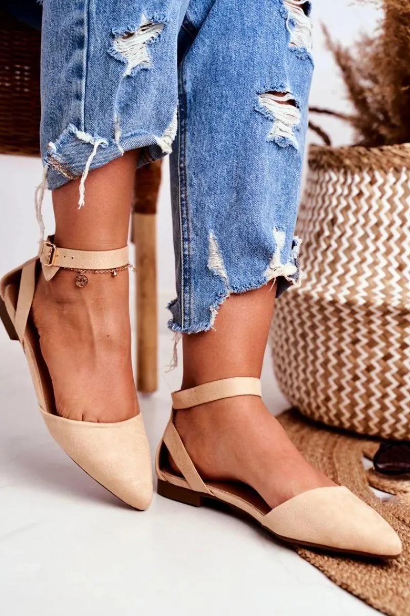 Boto Baleriny Damskie Beżowe Na Pasek W Szpic Allison