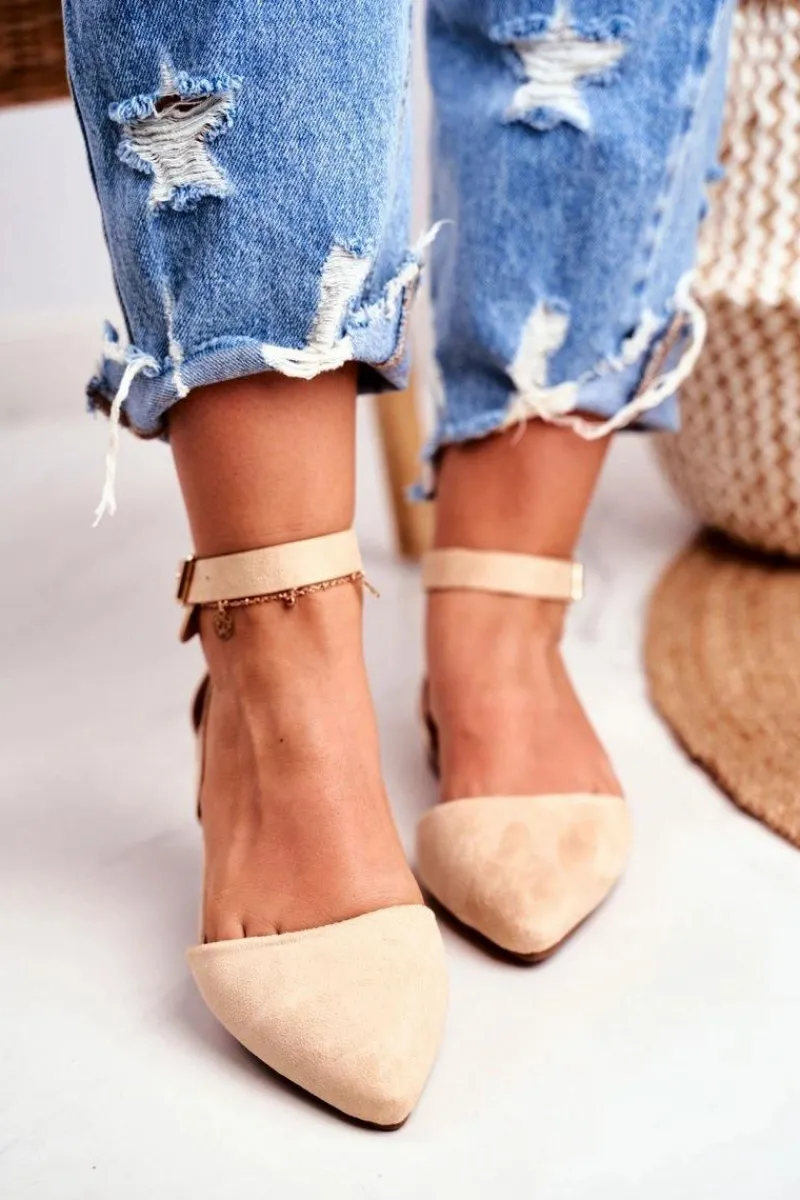 Boto Baleriny Damskie Beżowe Na Pasek W Szpic Allison