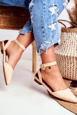 Boto Baleriny Damskie Beżowe Na Pasek W Szpic Allison