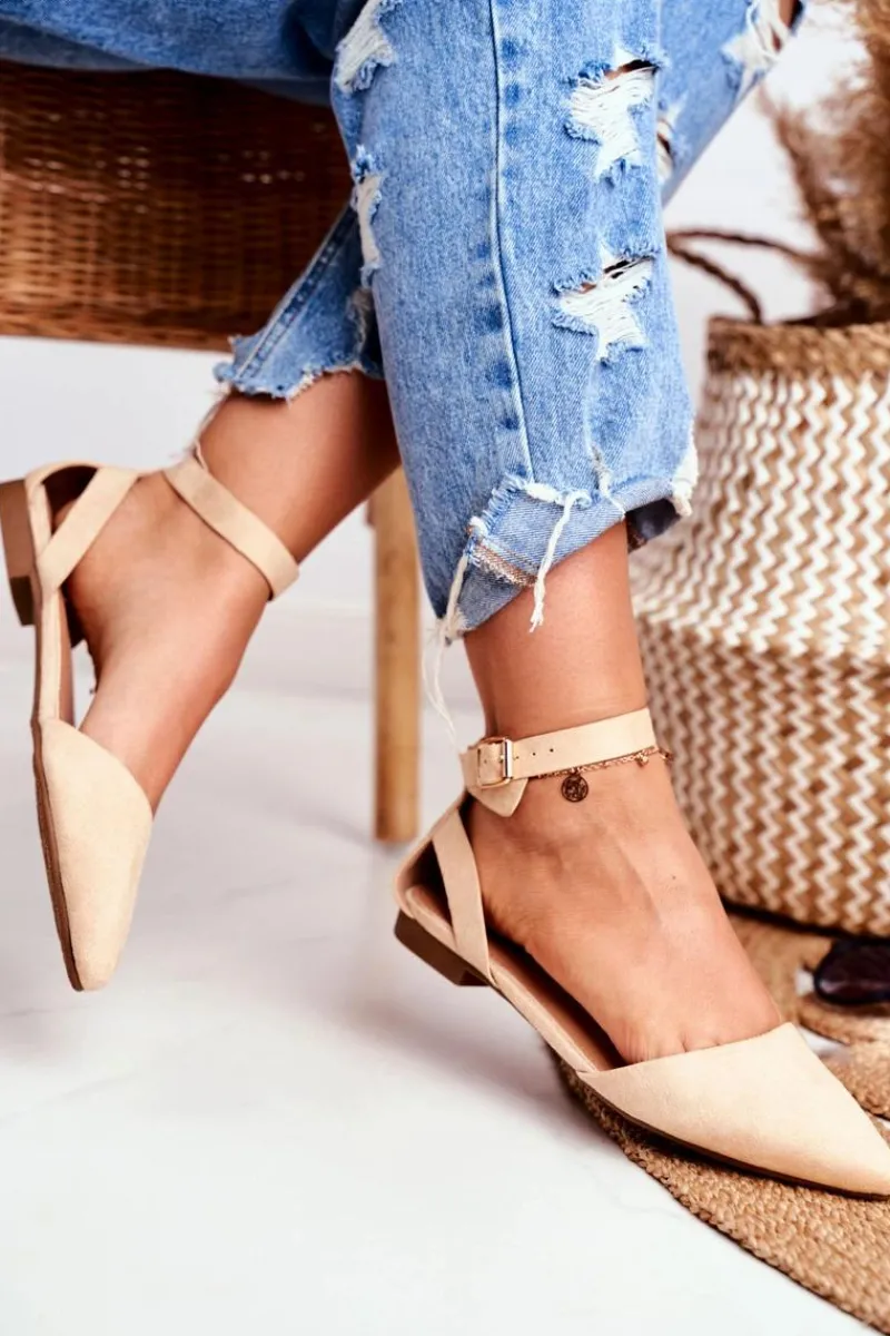 Boto Baleriny Damskie Beżowe Na Pasek W Szpic Allison