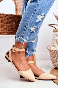 Boto Baleriny Damskie Beżowe Na Pasek W Szpic Allison