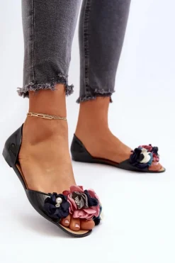 Baleriny Klasyczne>Boto Baleriny Damskie Gumowe Z Kwiatami Czarne Junikla