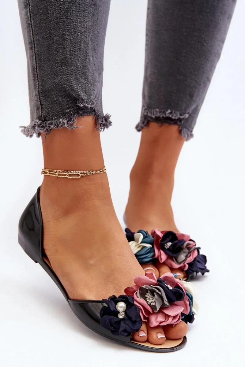 Baleriny Klasyczne>Boto Baleriny Damskie Gumowe Z Kwiatami Czarne Junikla