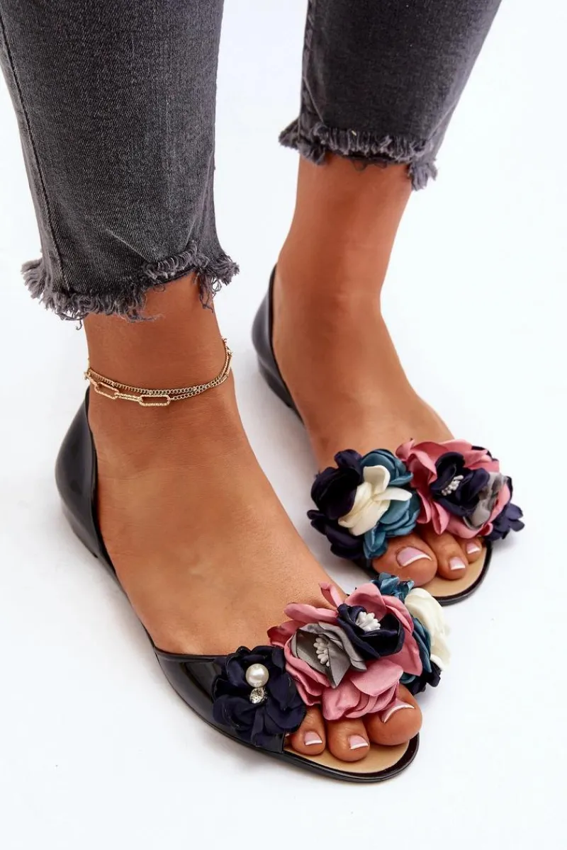 Baleriny Klasyczne>Boto Baleriny Damskie Gumowe Z Kwiatami Czarne Junikla