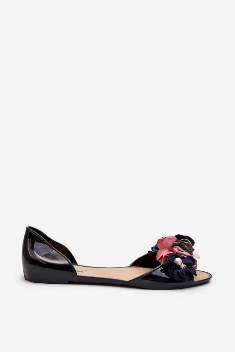 Baleriny Klasyczne>Boto Baleriny Damskie Gumowe Z Kwiatami Czarne Junikla