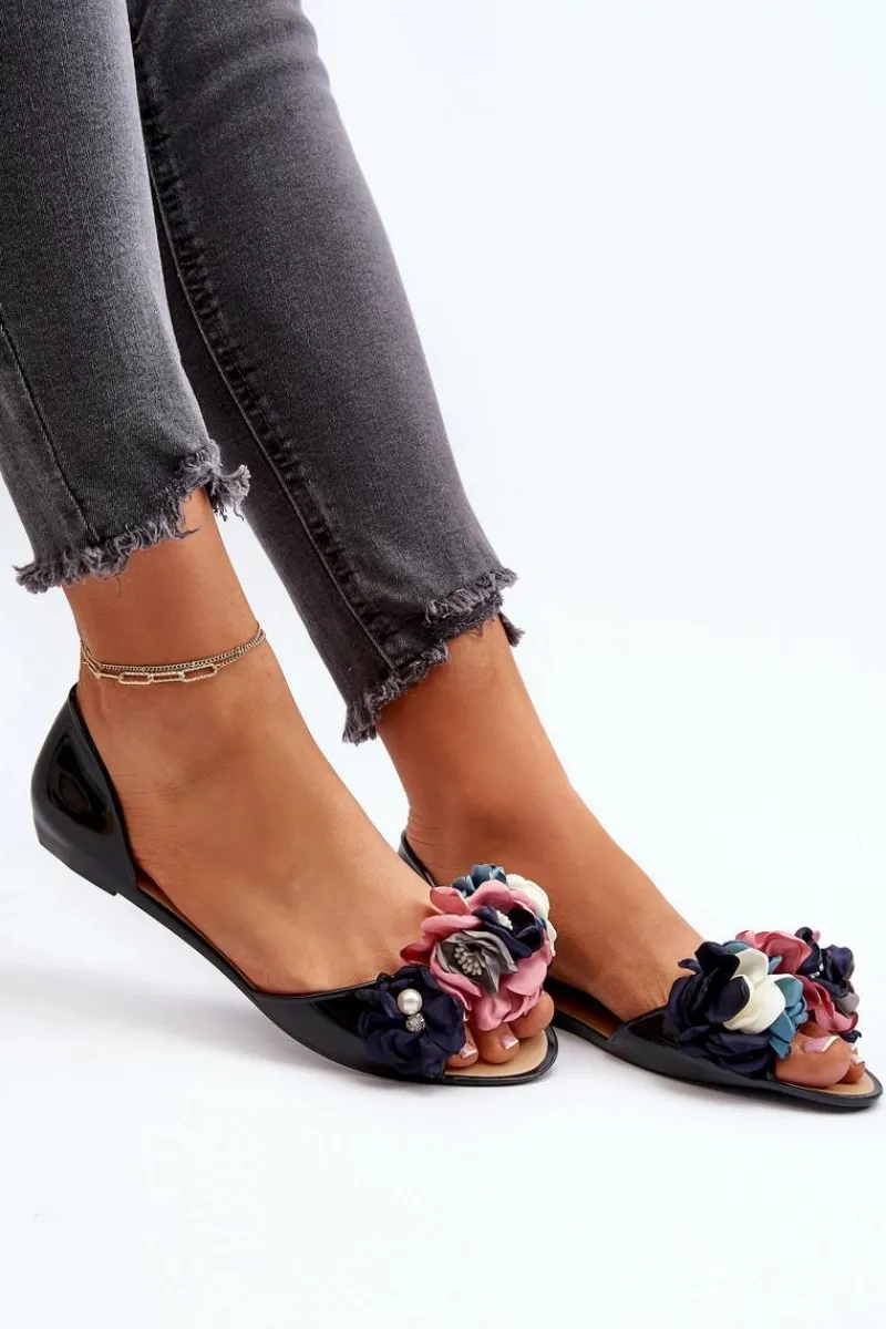 Baleriny Klasyczne>Boto Baleriny Damskie Gumowe Z Kwiatami Czarne Junikla