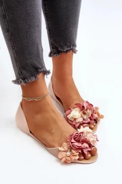 Outlet Baleriny Damskie Gumowe Z Kwiatami Beżowe Junikla Damskie Baleriny Klasyczne