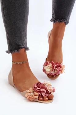 Outlet Baleriny Damskie Gumowe Z Kwiatami Beżowe Junikla Damskie Baleriny Klasyczne