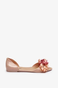 Outlet Baleriny Damskie Gumowe Z Kwiatami Beżowe Junikla Damskie Baleriny Klasyczne