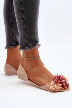 Outlet Baleriny Damskie Gumowe Z Kwiatami Beżowe Junikla Damskie Baleriny Klasyczne